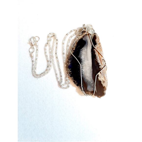 Wire Wrap Black/Grey Agate Slice Pendant Necklace - Picture 5 of 5